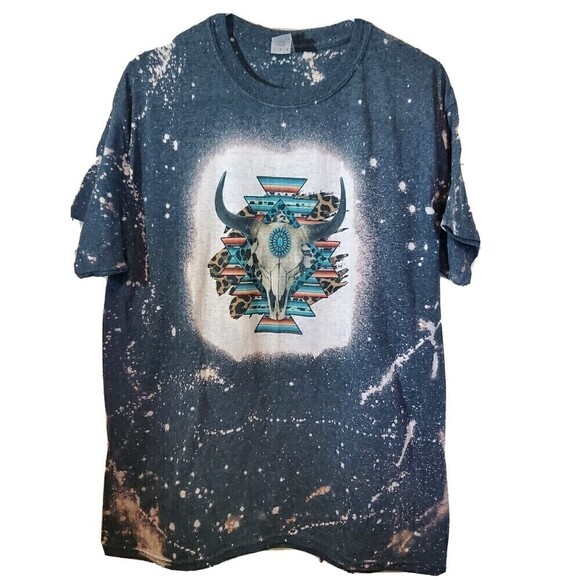 Bleached Aztec Bull Womens Tshirt Large Gray Splattered Cotton Short Sleeve - Picture 1 of 3
